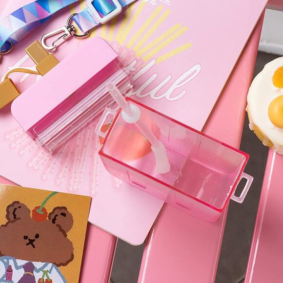 New Cute Straw Water Bottle Ice Cream Popsicle Cup with Shoulder Strap. Pink - Picture 5 of 11